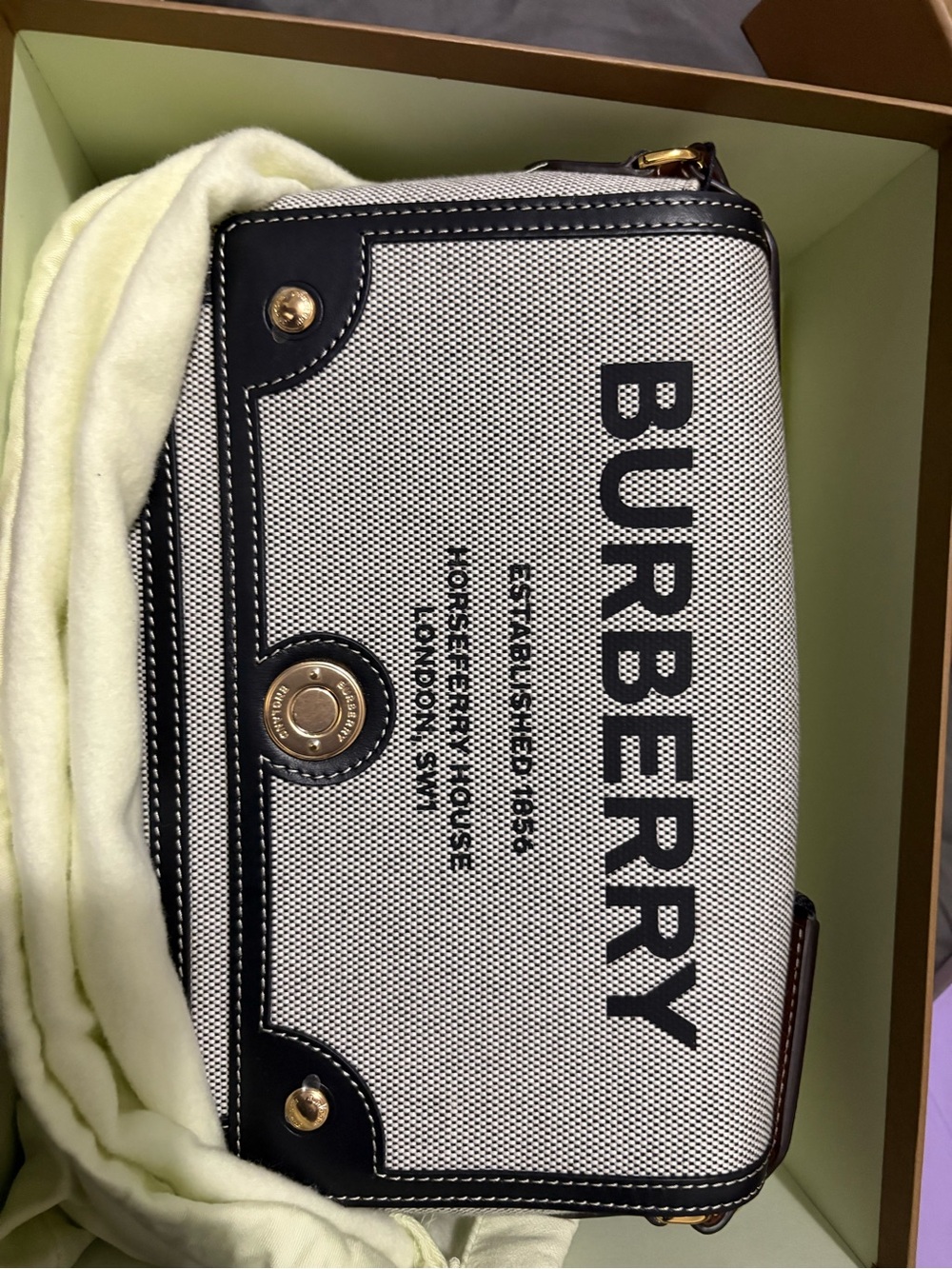 Burberrry Womens Hackberry Horseferry Canvas Crossbody bag